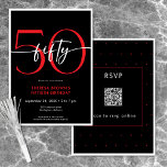 Moderne Minimal Red Fifty Script Geburtstag QR Einladung<br><div class="desc">Die moderne und schicke Einladung zum Geburtstag verbindet klassisches Schwarz und Weiß mit hellen roten Akzenten. Es ist minimales Design ist ein einfaches und lustiges Design, um den Meilenstein Geburtstag zu feiern. Auf der Rückseite befindet sich ein Bereich für einen QR-Code für die Reaktion der UAWG. Erstellt von der einfachen...</div>