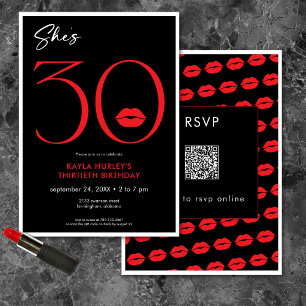 Moderne Minimal Red Lips Sie ist 30 Geburtstag QR Einladung