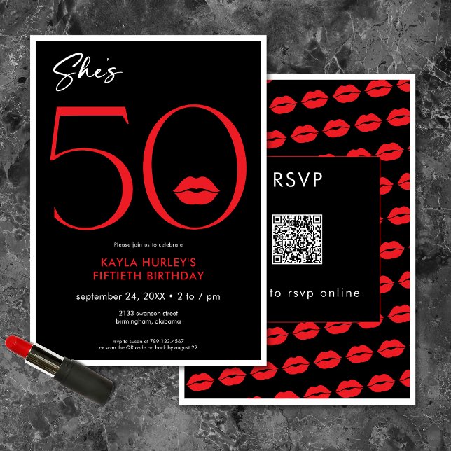 Moderne Minimal Red Lips Sie ist fünfzig Geburtsta Einladung (Modern Minimal Red Lips She's Fifty Birthday QR Invitation)