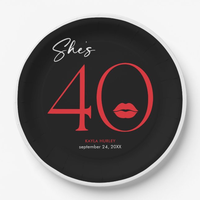 Moderne Minimal Red Lips Sie ist vierzig Geburtsta Pappteller (Vorderseite)