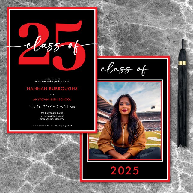 Moderne Minimal Red Script Graduation Party Einladung (Modern Minimal Red Script Graduation Party Invitation)