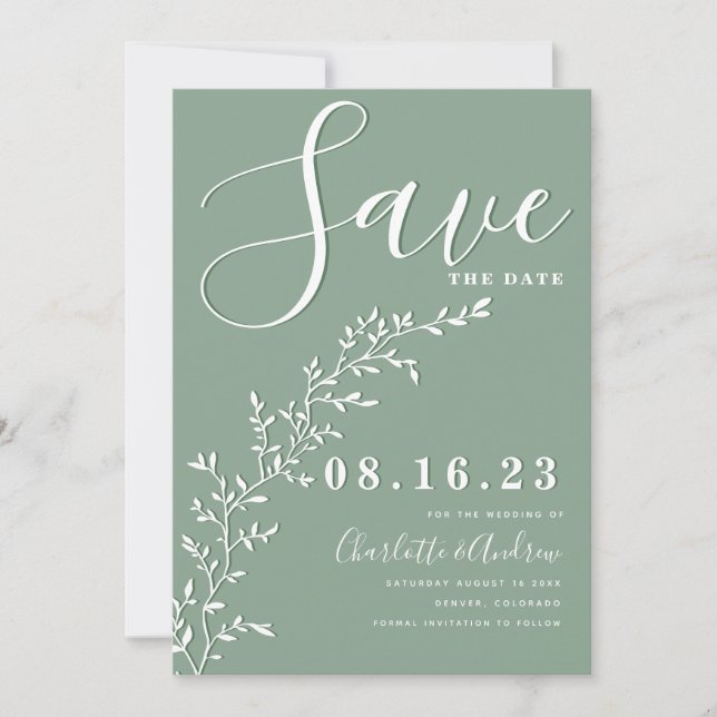 Moderne Minimal Sage Green Save the Date Einladung (Vorderseite)