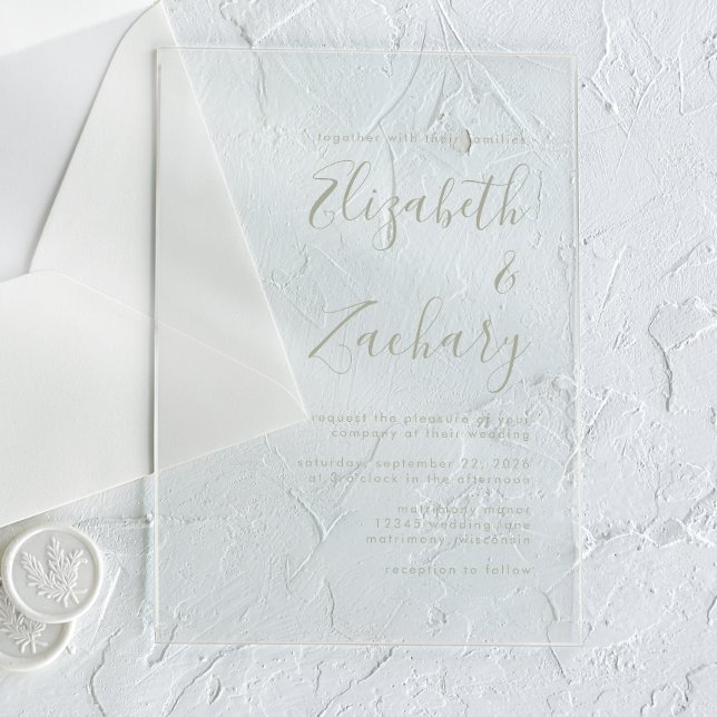 Moderne Minimal Sage Green Script Hochzeit Acryleinladungen (Von Creator hochgeladen)