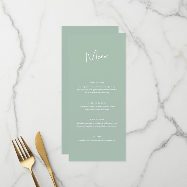 Moderne Minimal Sage Green Script Hochzeit Menükarte (Vorderseite/Rückseite Beispiel)