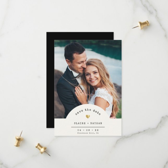 Moderne Minimal-Schreibmaschine Gold-Foto-Hochzeit Save The Date (Vorderseite/Rückseite Beispiel)