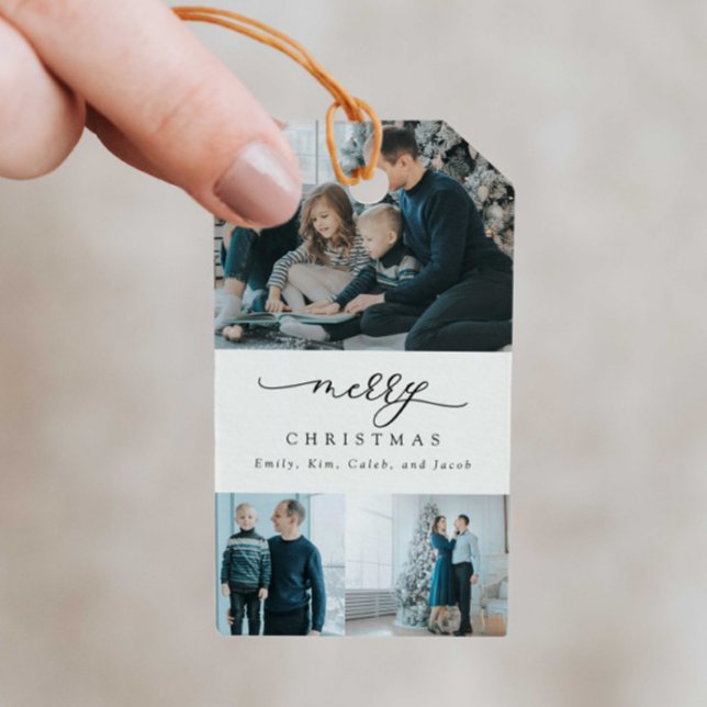 Moderne Minimal Script 3 Foto Frohe Weihnachten Geschenkanhänger (Von Creator hochgeladen)