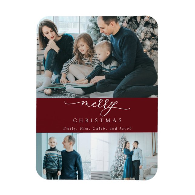 Moderne Minimal Script 3 Foto Frohe Weihnachtsrot Magnet (Vertikal)