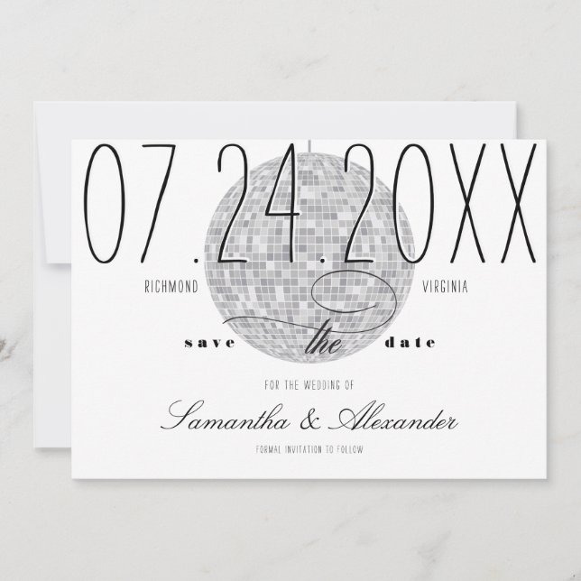 Moderne Minimal Script Disco Ball Altes Geld Hochz Save The Date (Vorderseite)