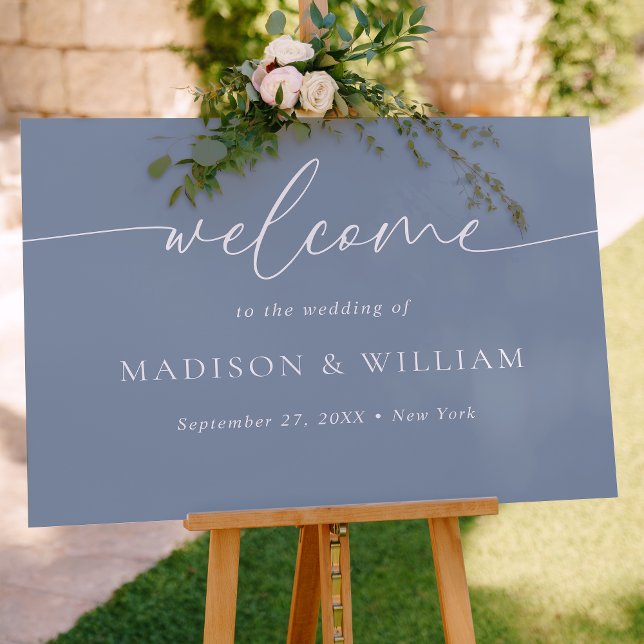 Moderne Minimal Script Dusty Blue Wedding Willkomm Poster (Von Creator hochgeladen)