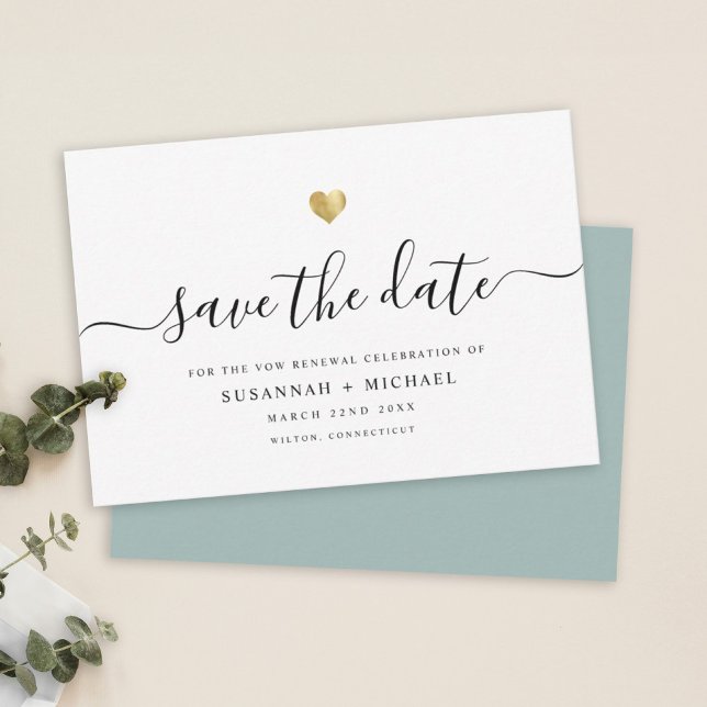Moderne Minimal Script Gold Vow Renewal Dusty Gree Save The Date (Von Creator hochgeladen)