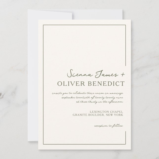 Moderne Minimal-Script-Grüne-Border-Hochzeit Einladung (Vorderseite)