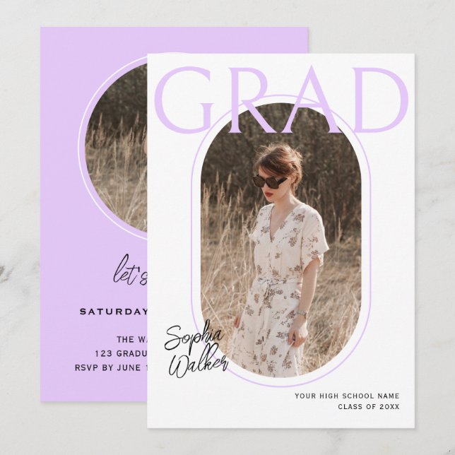 Moderne Minimal Script Mauve Foto Graduation Party Einladung (Vorne/Hinten)