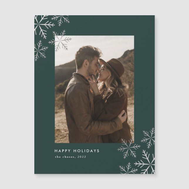 Moderne Minimal Silver Snowflakes Urlaubskarte Magnetkarte (Vorderseite)