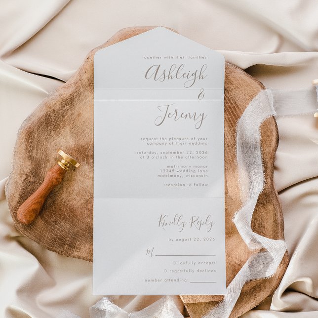 Moderne Minimal Taupe Script Hochzeit All In One Einladung (Von Creator hochgeladen)