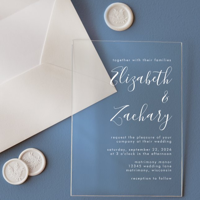 Moderne Minimal White Script Wedding Acryleinladungen (Von Creator hochgeladen)