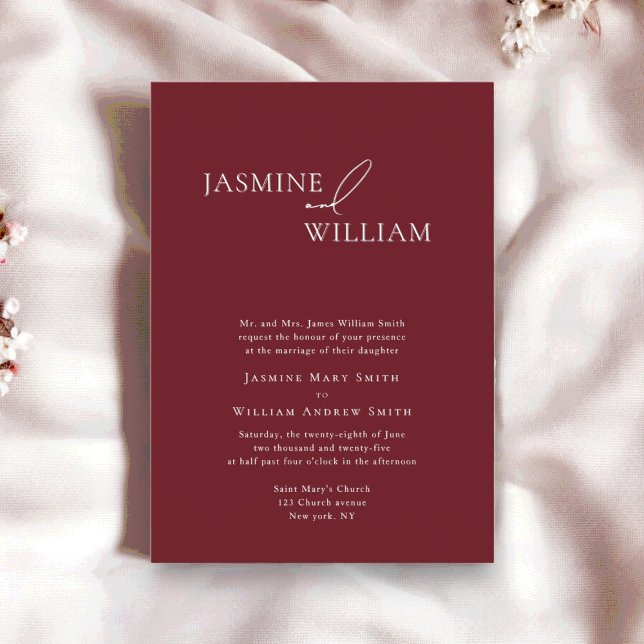 Moderne minimale Bordeaux-Hochzeitseinladung Einladung (beautiful deep cherry red modern wedding invite by willows weddings)