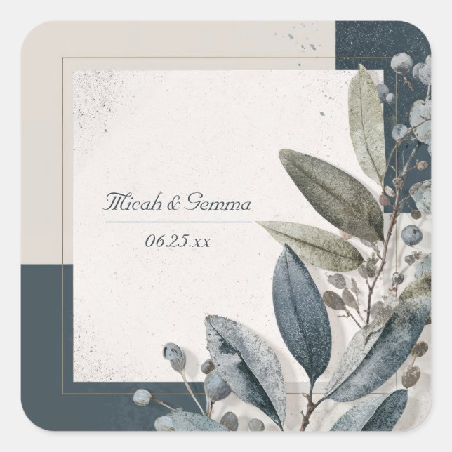 Moderne minimale botanische Foliage Geometric Wedd Quadratischer Aufkleber (Vorderseite)