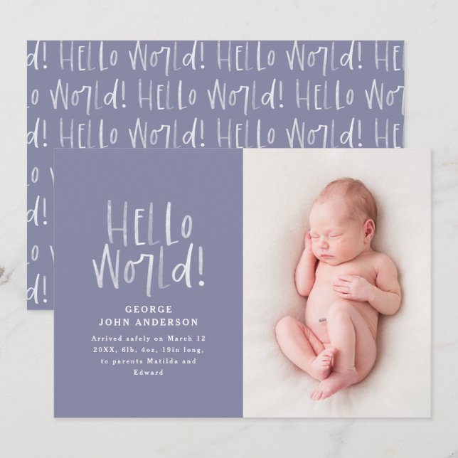 Moderne minimale chic lila Typografie Foto Geburt Ankündigung (Vorne/Hinten)