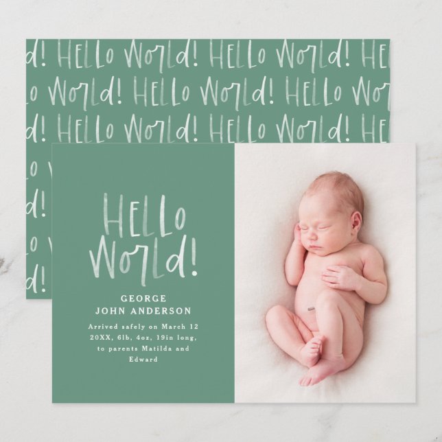 Moderne minimale chic typografie grüne Foto Geburt Ankündigung (Vorne/Hinten)