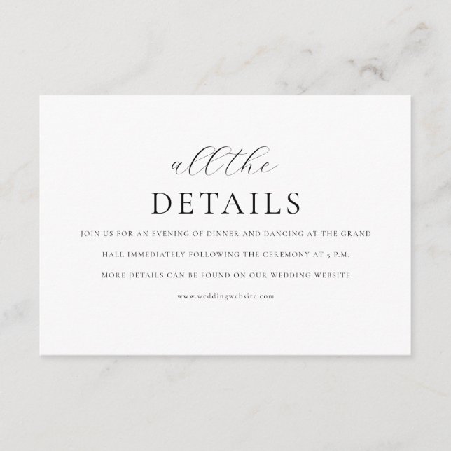 Moderne, minimale, elegante Skriptdetails Hochzeit Begleitkarte (Vorderseite)