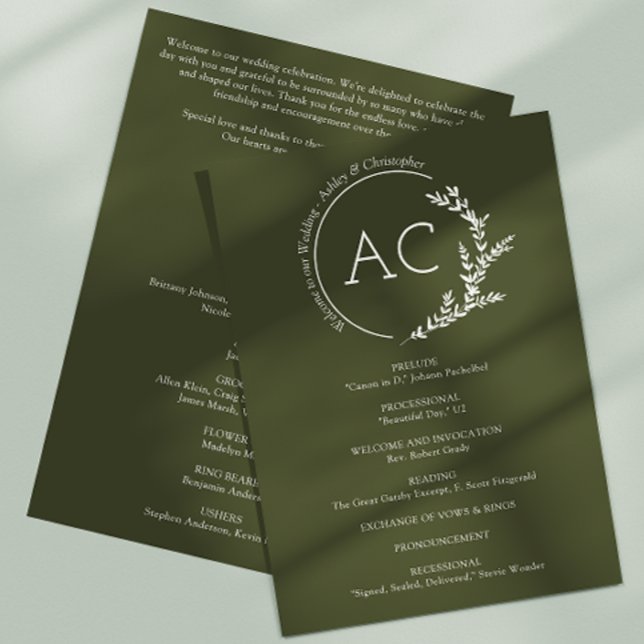 Moderne minimale Foliage Rahmen Olive Green Weddin Programm (Von Creator hochgeladen)
