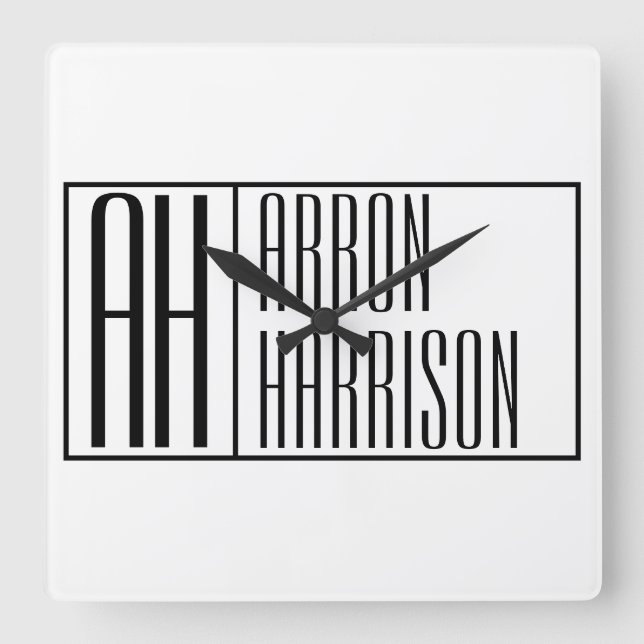 Moderne Minimale Initialen und Logo-Namen Quadratische Wanduhr (Vorderseite)