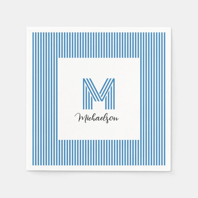 Moderne Minimale Küstenblaue Streifen Monogramm Serviette (Vorderseite)
