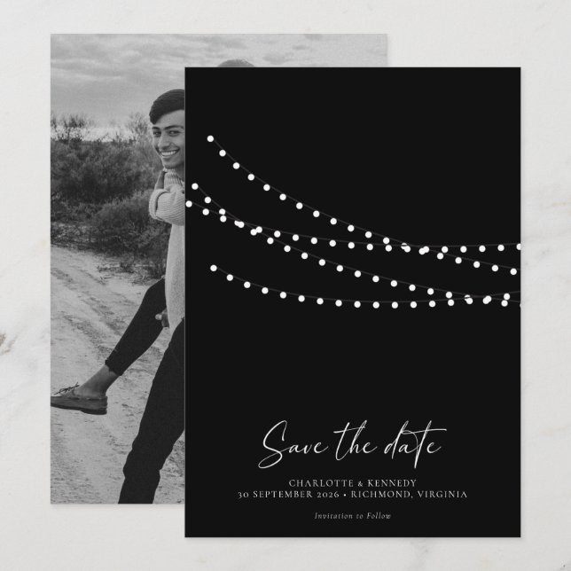 Moderne minimale Lichterketten-Foto Save the Date  (Vorne/Hinten)
