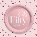 Moderne minimale mädchenhafte rosa einfach 50. Geb Pappteller<br><div class="desc">Moderne minimale Typografie,  einfach mädchenhaft rosa und weiß 50. Geburtstagsfeier,  die Papiertüte schmücken. Teil einer zeitgenössischen Sammlung.</div>