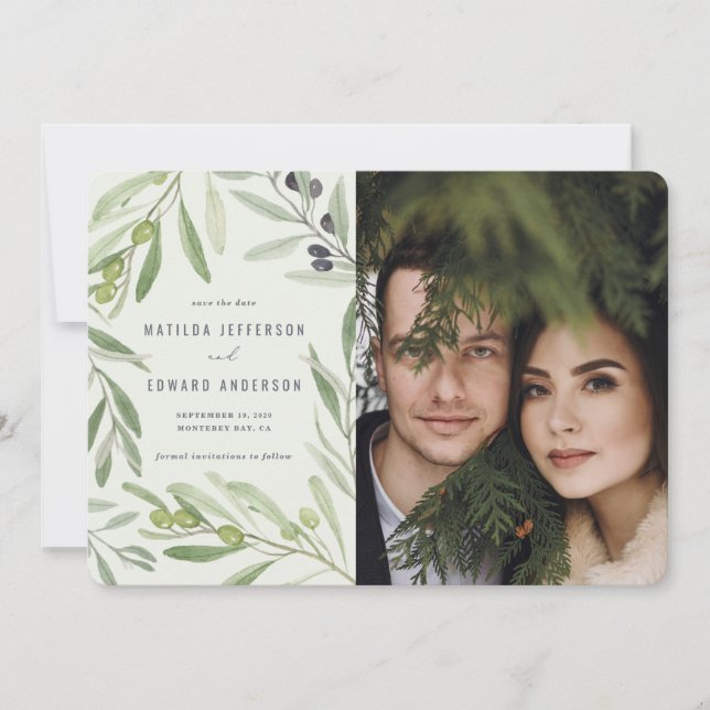 Moderne, minimale Olivenbäume Foto Hochzeit Ankündigung (Vorderseite)