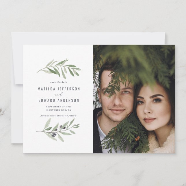 Moderne, minimale Olivenbäume Foto Hochzeit Ankündigung (Vorderseite)