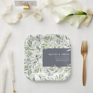 Moderne minimale Olivenzweig botanische Hochzeit Pappteller