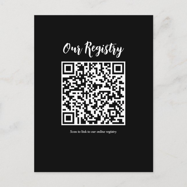 Moderne minimale QR-Code scannbare Hochzeits-Regis Postkarte (Vorderseite)