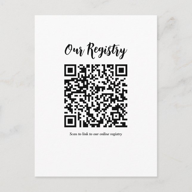 Moderne minimale QR-Code scannbare Hochzeits-Regis Postkarte (Vorderseite)
