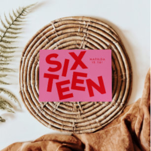 Moderne minimale rosa + rote Typografie 16. Geburt Einladung