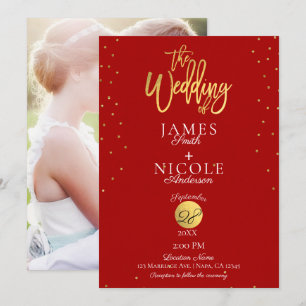 Moderne Minimale Rote & Goldfolie Foto Hochzeit Einladung
