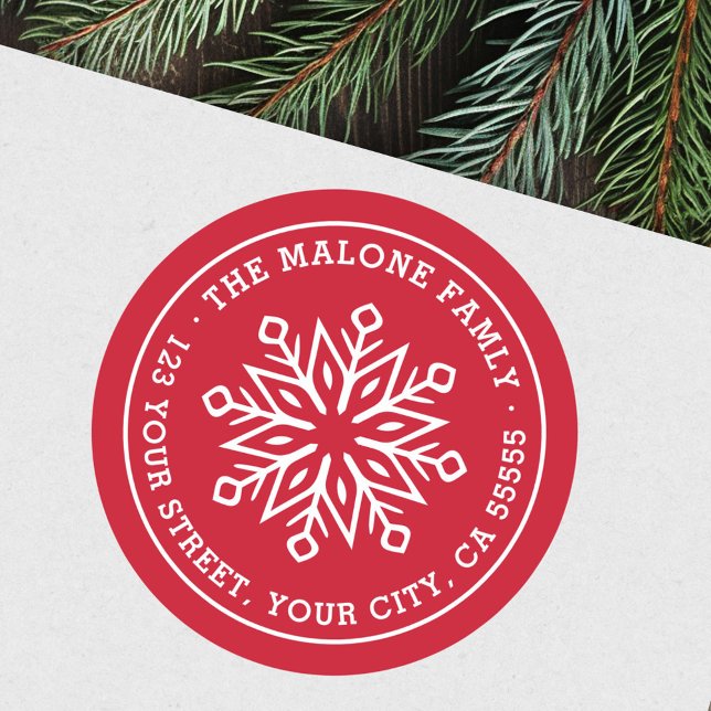 Moderne minimale Schneeflockenrot-Rücksendeadresse Runder Aufkleber (Modern minimal snowflake red return address classic round sticker)