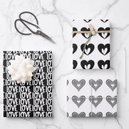 moderne minimale Schwarz-Weiß-Herzen Geschenkpapier Set