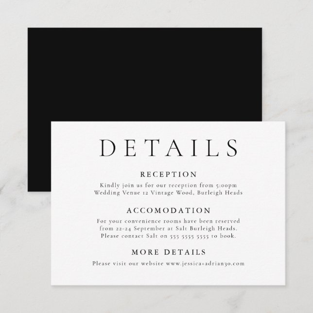 Moderne minimale Schwarz-Weiß-Hochzeitsdetails Begleitkarte (Vorne/Hinten)