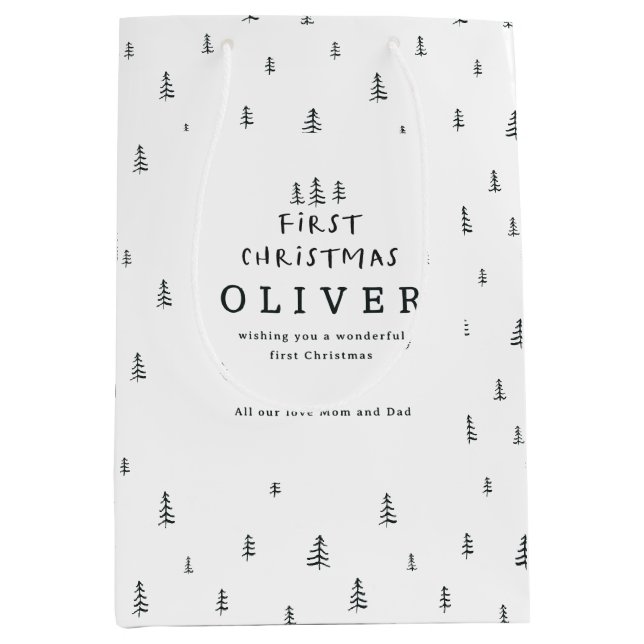 moderne minimale Schwarz-Weiß-Weihnachten Mittlere Geschenktüte (Vorderseite)