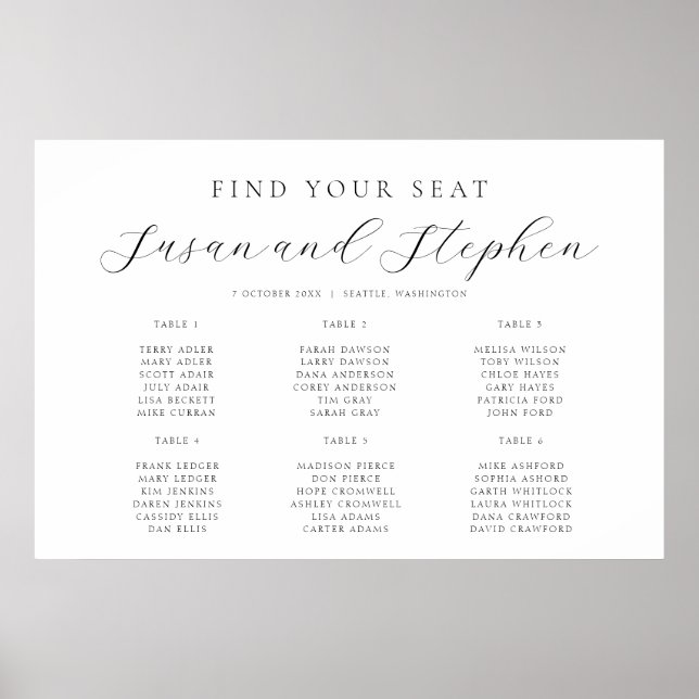 Moderne, minimale Sechs-Tisch-Seekarte Hochzeiten Poster (Vorne)