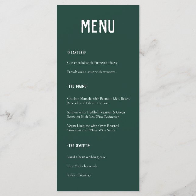Moderne Minimale Smaragdgrüne Typografie Hochzeit Menükarte (Vorderseite)