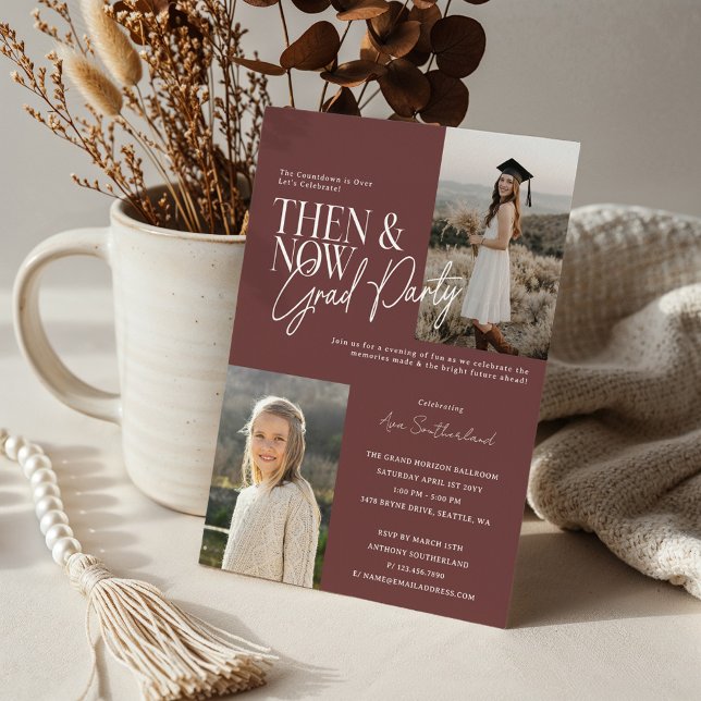 Moderne minimale "Then & Now Graduation Party Foto Einladung (Modern Minimal Then & Now Graduation Party Photos Burgundy Invitation)