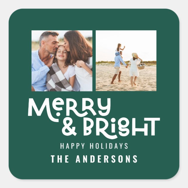 Moderne minimale Typografie 2 Foto Weihnachtszeit Quadratischer Aufkleber (Vorderseite)