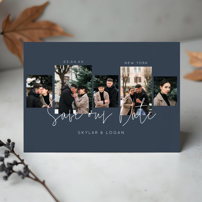 Moderne minimale Typografie Foto Collage Blau Save The Date (Modern Minimal Typographic Photo Collage Blue Save The Date)