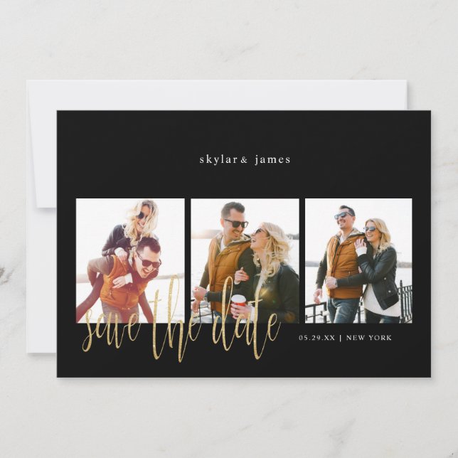 Moderne minimale typografische FotoCollage schwarz Save The Date (Vorderseite)
