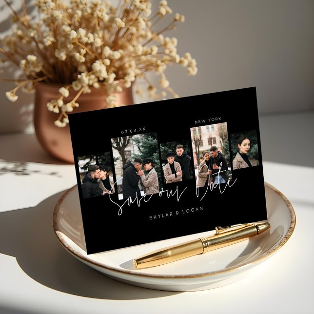 Moderne minimale typografische FotoCollage schwarz Save The Date (Modern Minimal Typographic Photo Collage Black Save The Date)