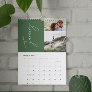 Moderne, minimalgrüne 2-Foto-Familie elegant Kalender