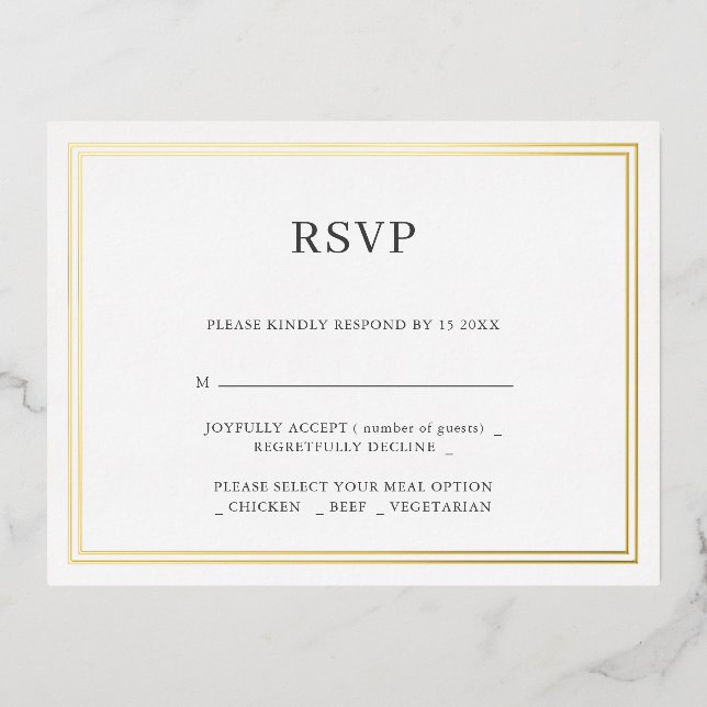 Moderne Minimalisrt Wedding RSVP Foil Einladung (Vorderseite)
