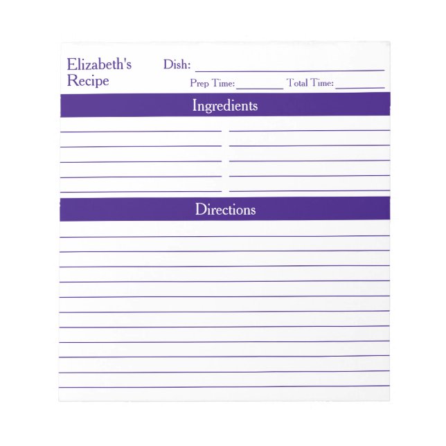 Moderne Minimalistisch Elegante Lila Rezepte Notizblock (Vorderseite)